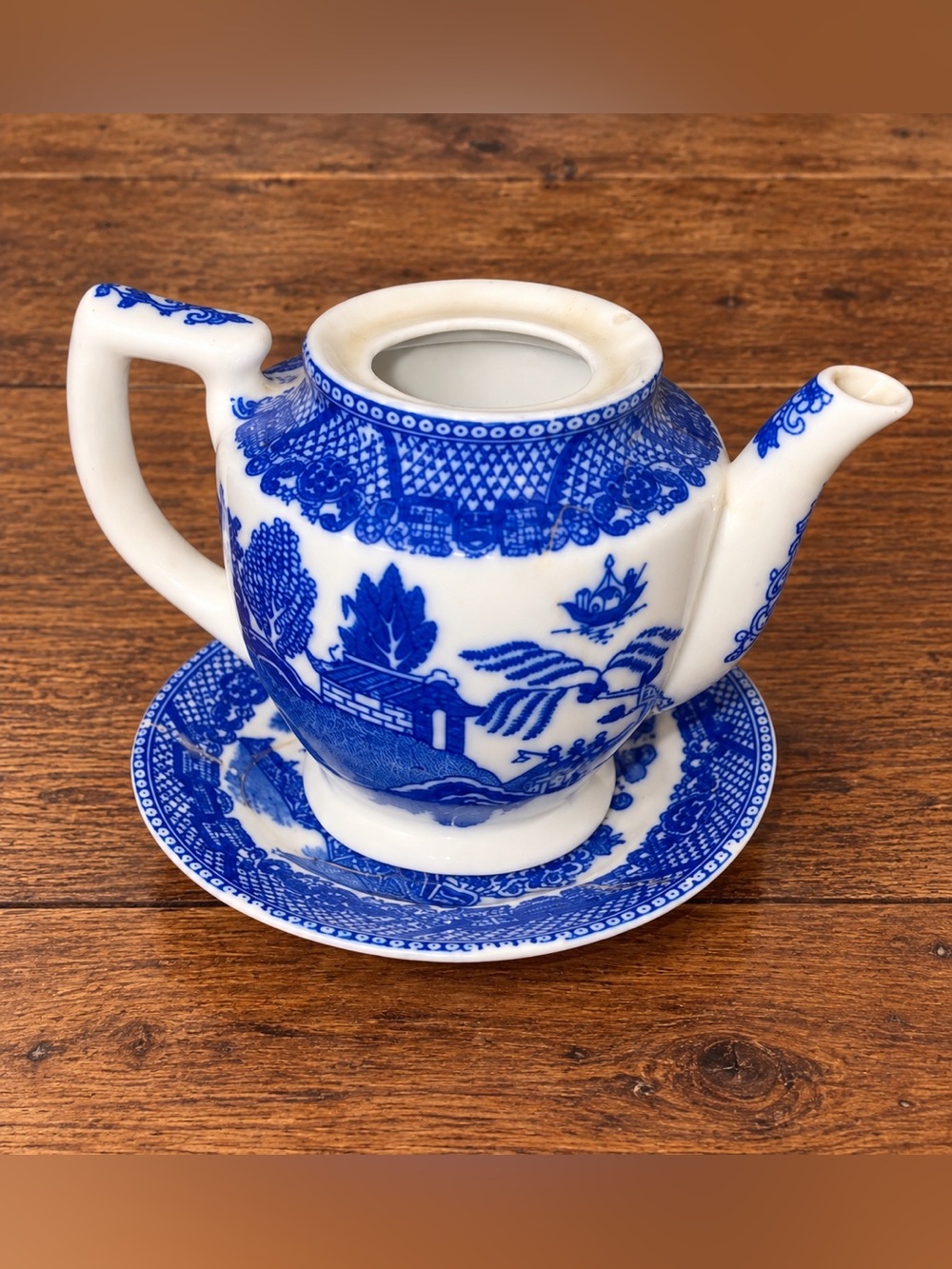 Rare Vintage Japanese Blue Willow Teapot & Saucer Set Japan